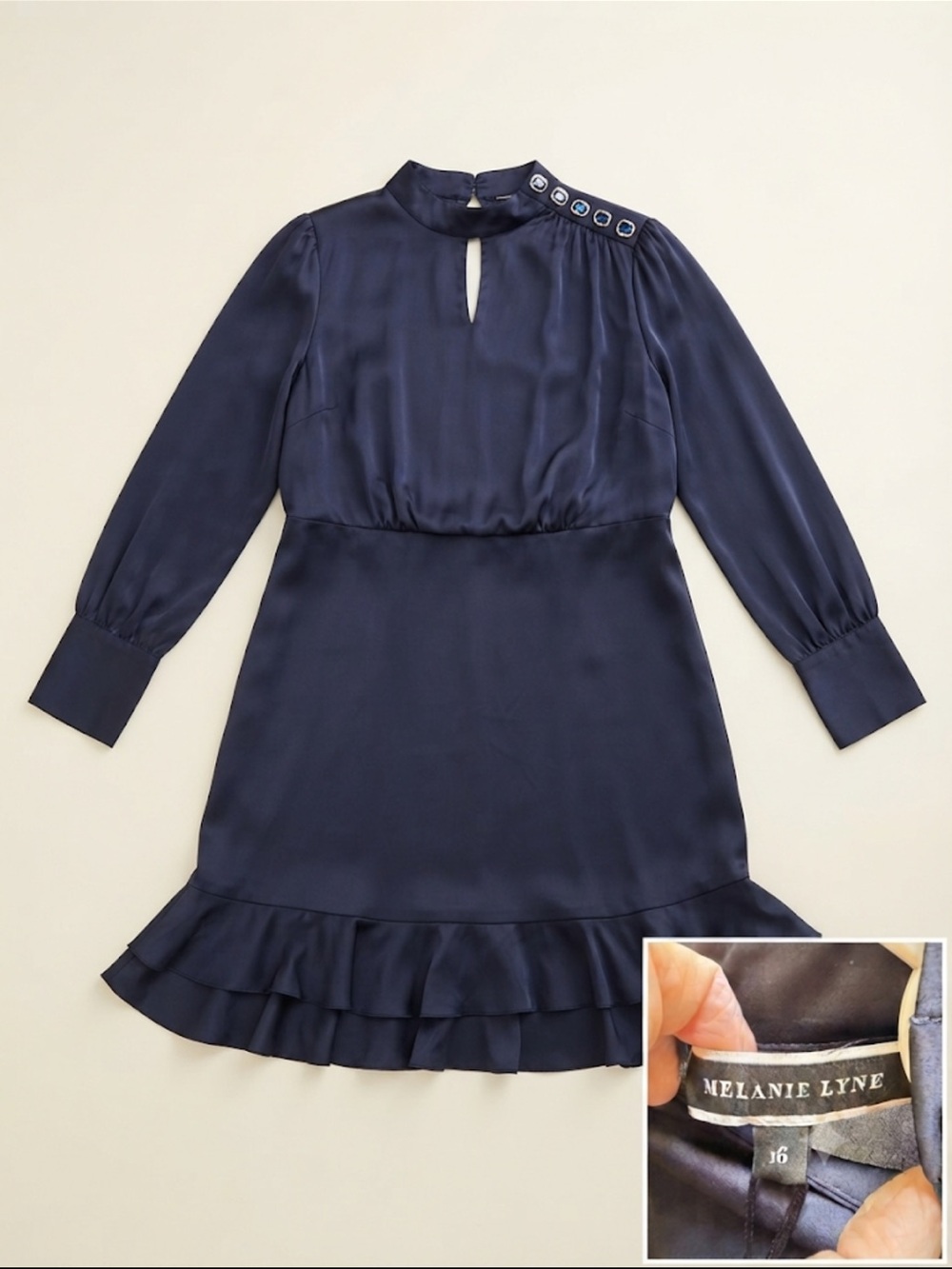 NWT Melanie Lynn Navy Satin dress Size 16 Navy Jewel & Silver button GLAM formal